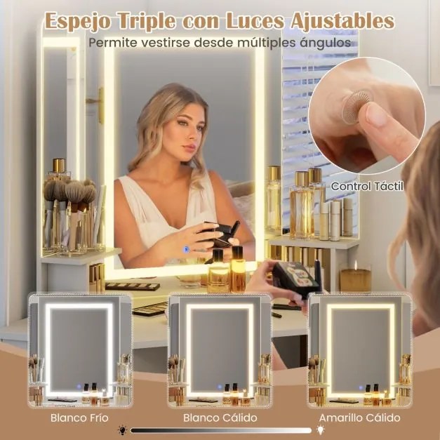 Toucador com Banco e espelho 108 x 50 x 143 cm, Luzes led, estação de carregamento, com espelho triplo 3 cores de luz Branca