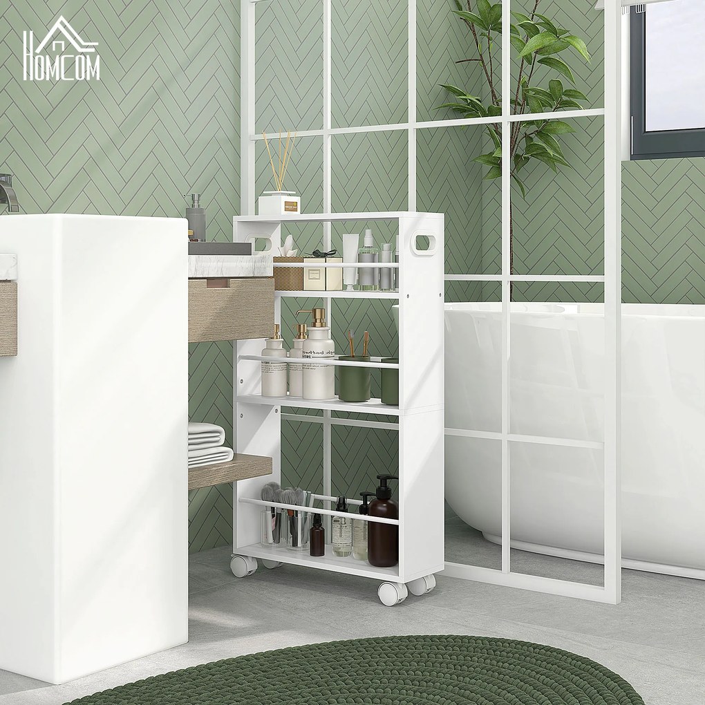 Carrinho Auxiliar com rodas 3 prateleiras com Barras Laterais e Alças para Banheiro cozinha 45x15x80 cm Branco