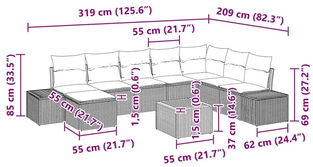 Sofá de Jardim 9 Peças com Almofadas Pretas em Rattan Poliéster e Acaá