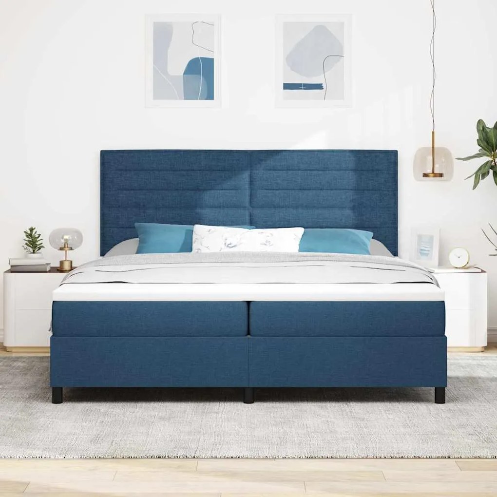 Cama com Estrado e Colchão e LED Azul, 200 x 200 cm, Tecido