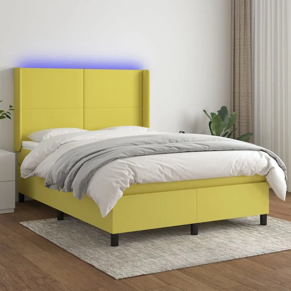 vidaXL Cama box spring c/ colchão e LED 140x190 cm tecido verde
