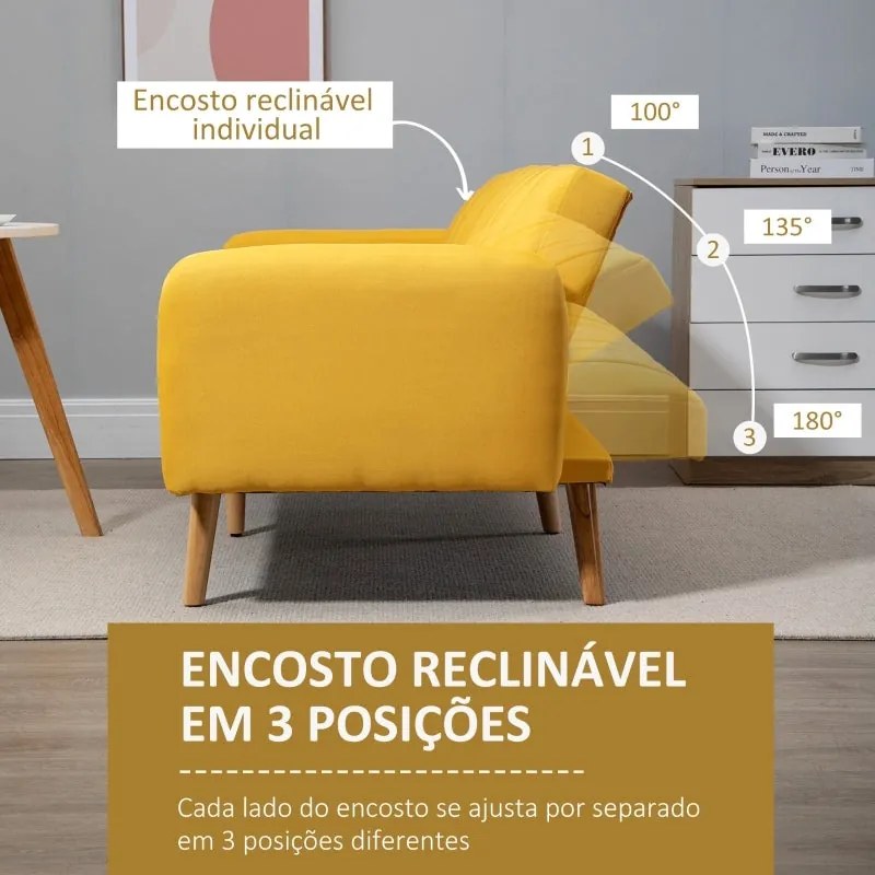 Sofá Cama de 2 Lugares com Encosto Ajustável - Amarelo - Design Escand