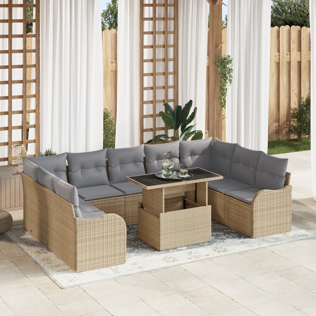 Conjunto de Sofá de Jardim vidaXL 10 Peças com Almofadas Bege Rattan P