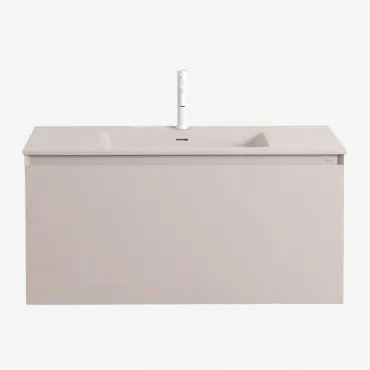 Conjunto De Móvel De Casa De Banho Suspenso Em Madeira Com Lavatório Integrado Macrae Crema Linho & Sem Espelho & Branco ↑20 Cm Com Válvula De Drenage