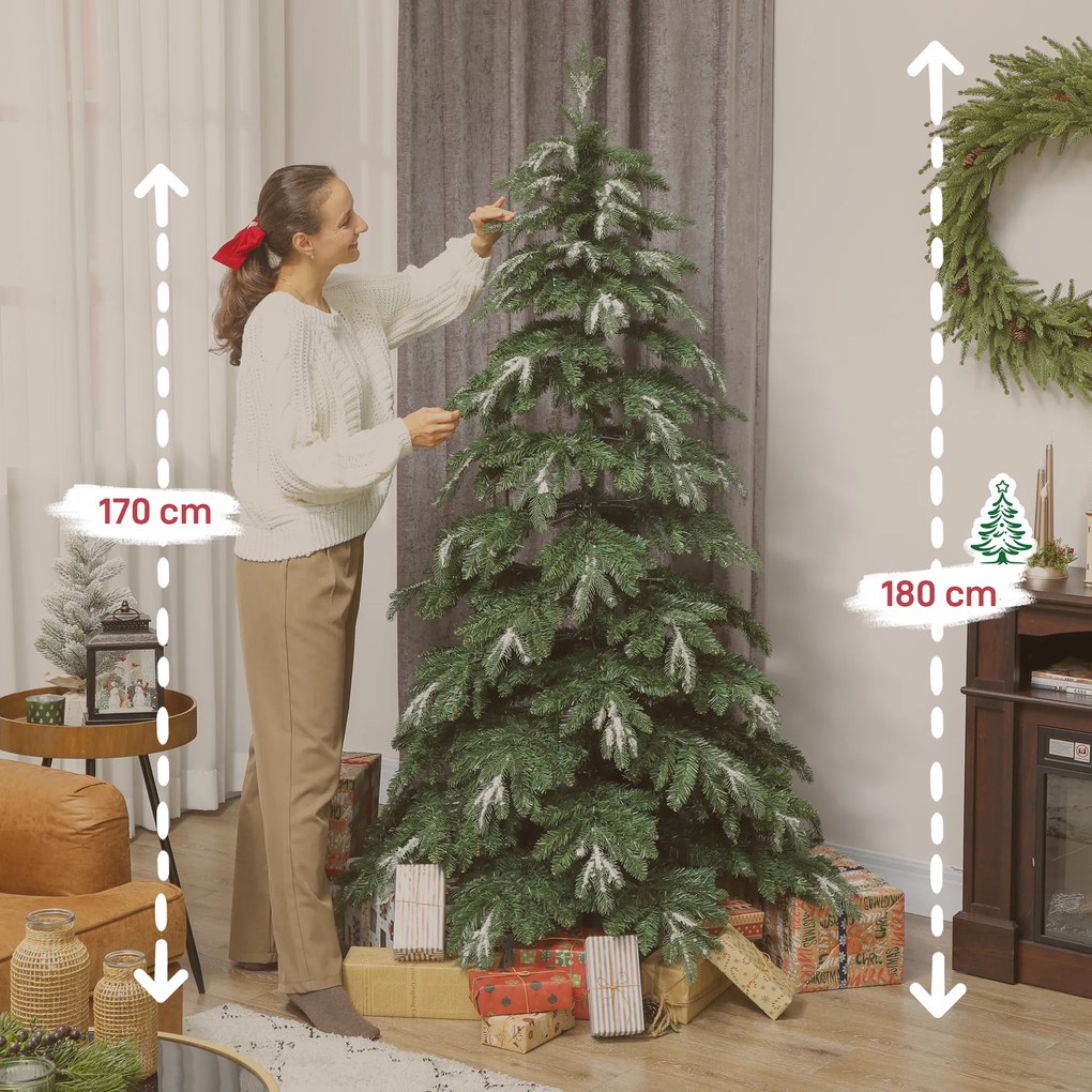 Árvore de Natal Artificial 180 cm Ramos Realistas com Efeito Neve Árvore de Natal com Suporte em Aço Base Dobrável Verde