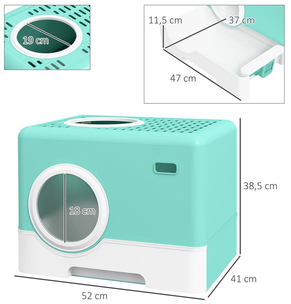 Caixa de Areia para Gatos com Pá Bandeja Removível 2 Portas Entrada Frontal e Saída Superior 52x41x38,5 cm Verde