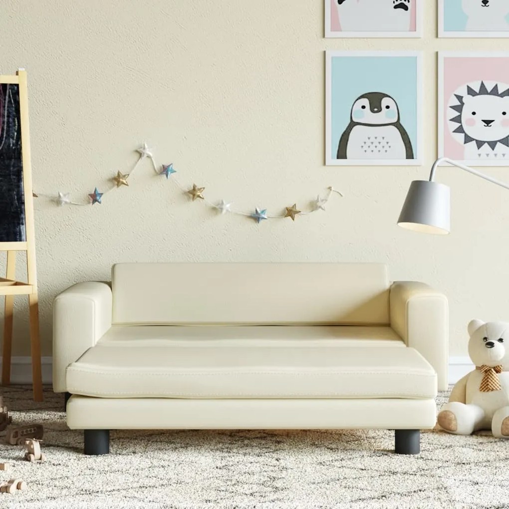 3196415 vidaXL Sofá infantil c/ apoio pés 100x50x30 cm couro artificial creme