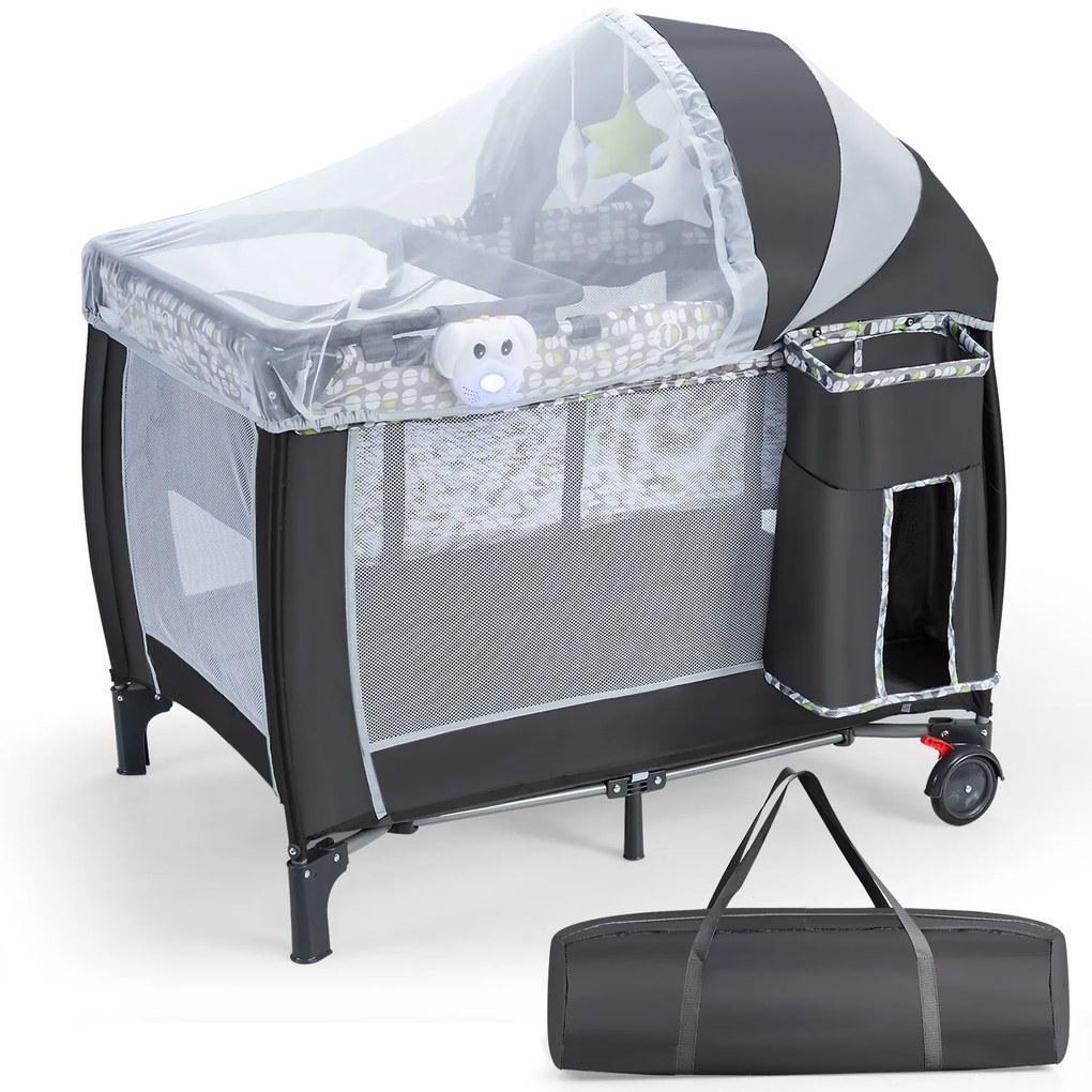 Parque infantil bebés portátil com rede amovível e ajustável, tapete muda-fraldas e rodas com fecho 127 x 63 x 110 cm