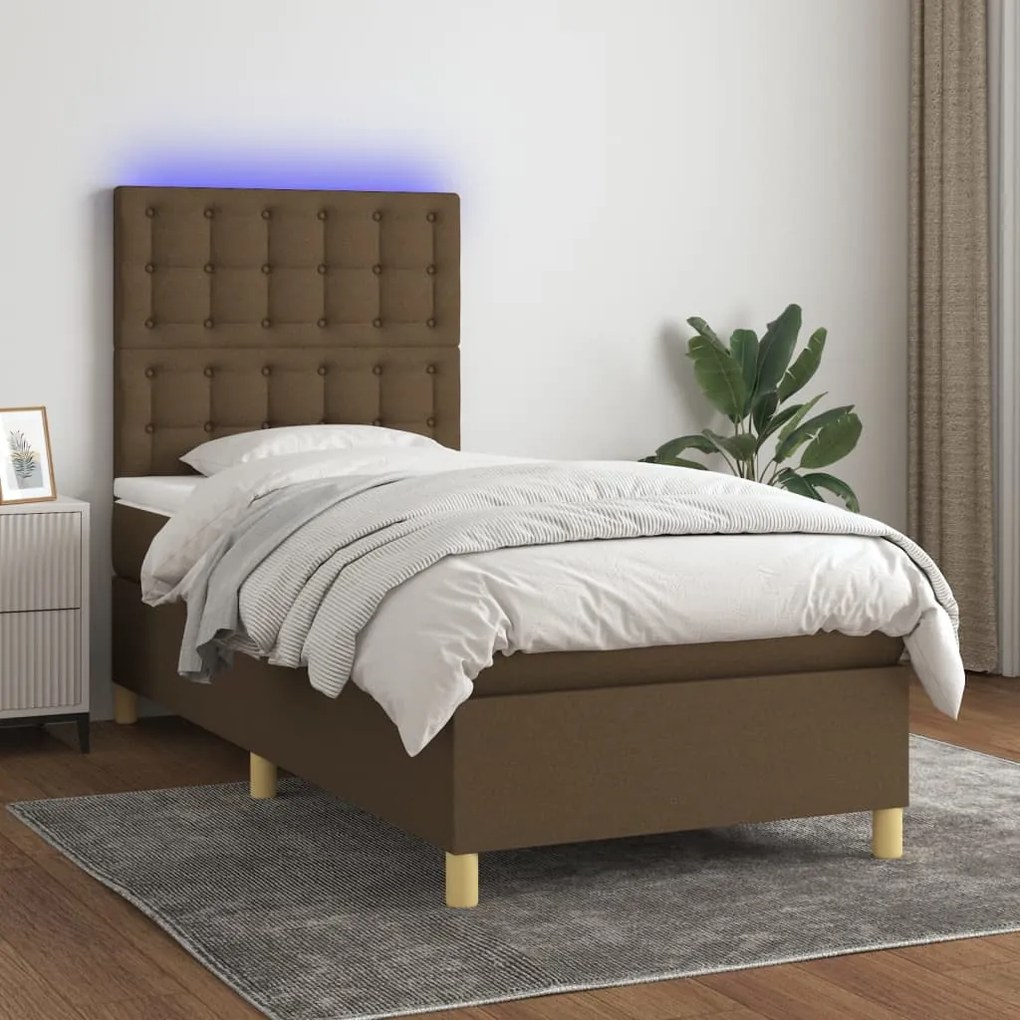 Cama box spring c/ colchão/LED 80x200cm tecido castanho-escuro