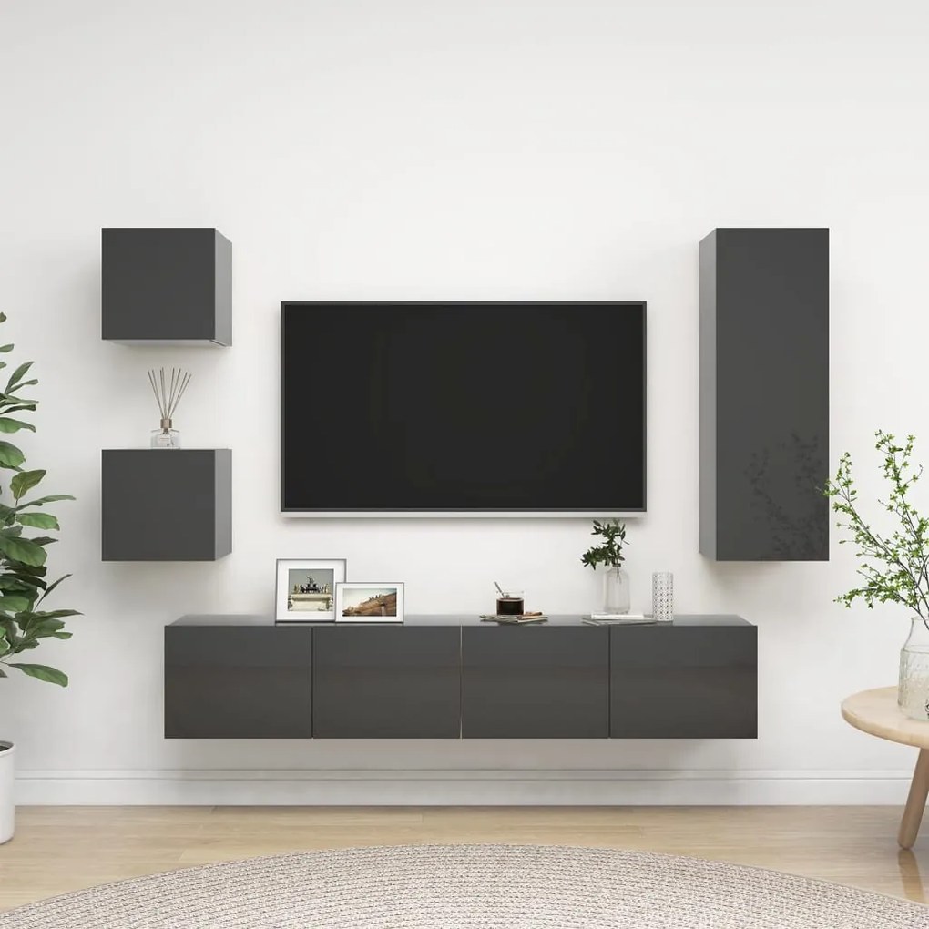 vidaXL 5 pcs conjunto de móveis de TV contraplacado cinzento brilhante