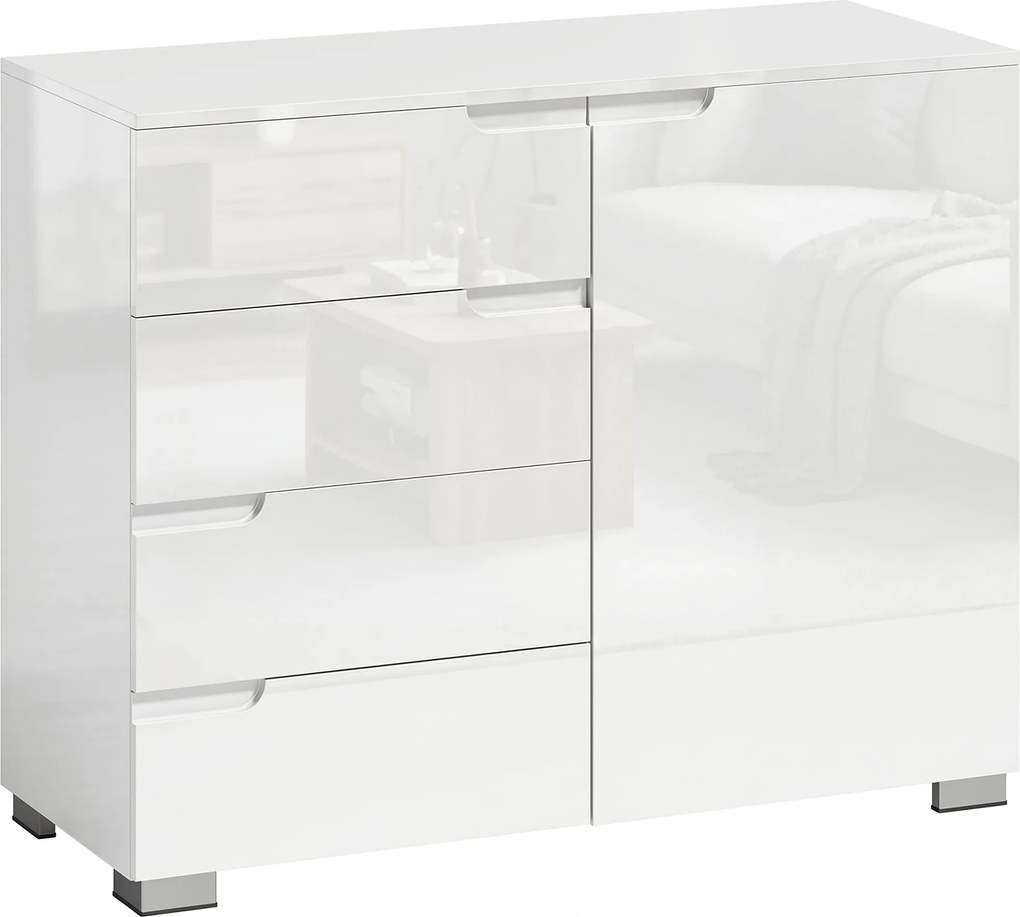HOMCOM Aparador alto brilho, buffets moderno com 4 gavetas, armário de cozinha com fecho suave, branco | Aosom Portugal
