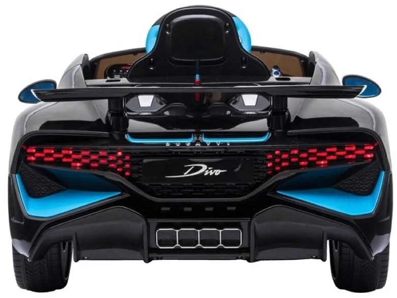 Bugatti Divo Carro elétrico para crianças 12v, módulo de música, assento de couro, pneus de borracha EVA Preto