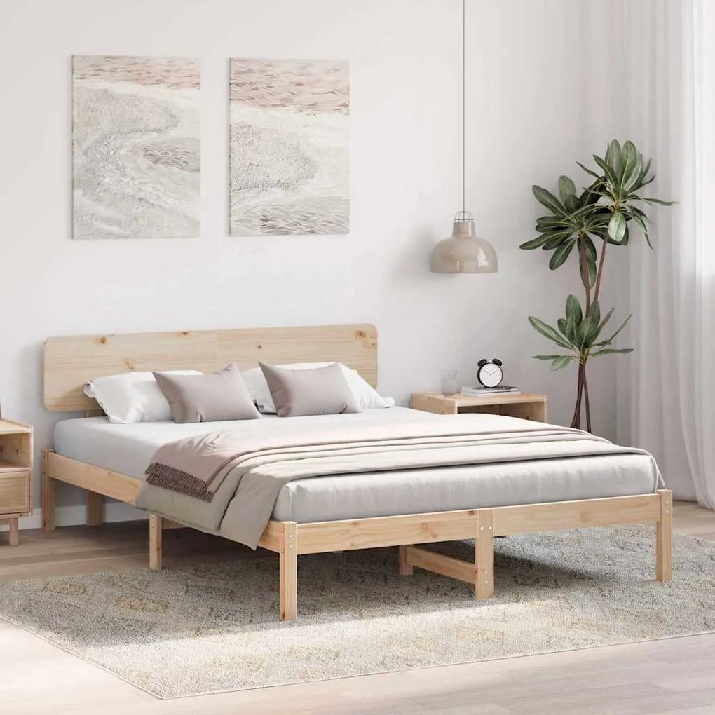 Estrado de cama com cabeceira 200x200 cm em madeira de pinho.
