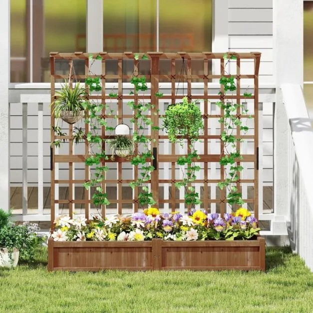 Floreira de jardim elevada em madeira 180 x 48 x 183 cm, com treliça, teto suspenso, 2 caixas, tabuleiro removível, plantas trepadeiras, flores, café