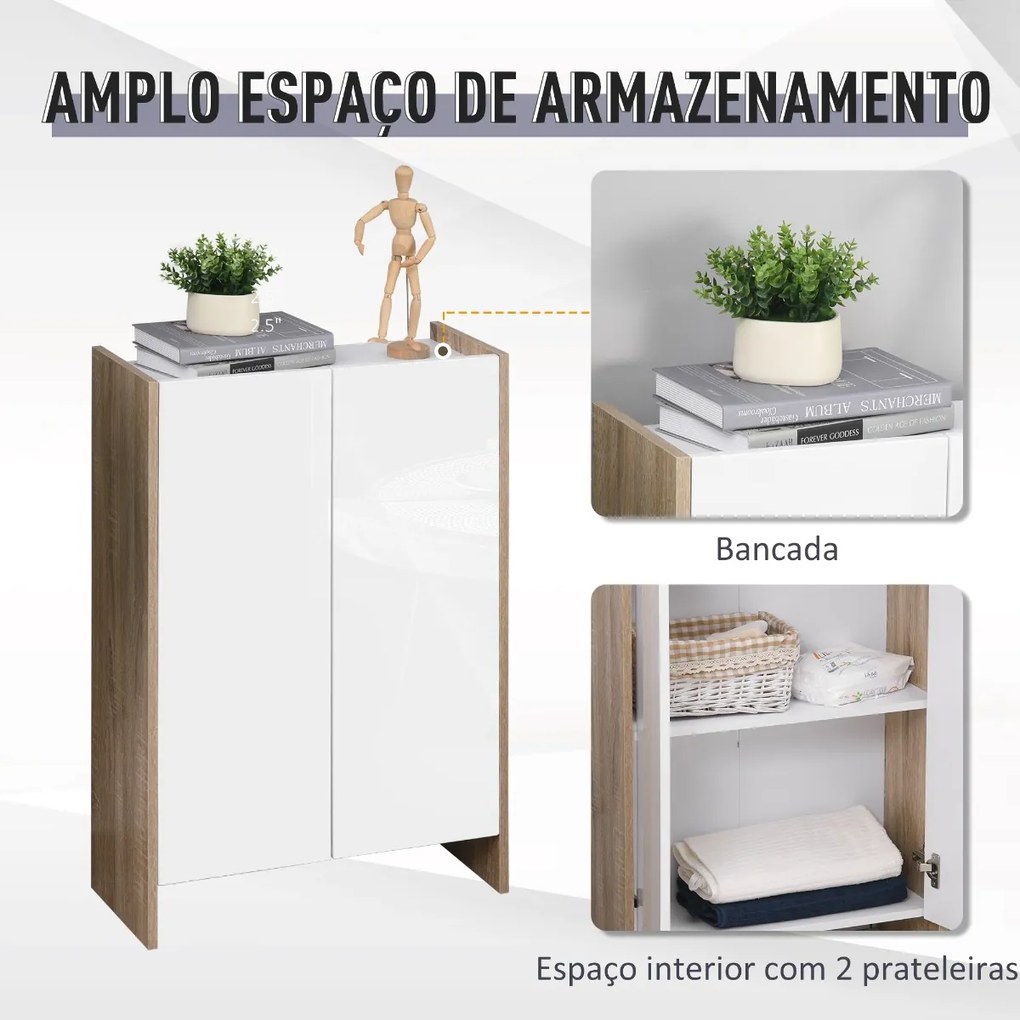 Armário de Armazenamento de 2 Portas Móvel Auxiliar de Casa de Banho Multiuso com 2 Prateleiras para Cozinha Sala de Estar Dormitório 60x25x90cm Acaba