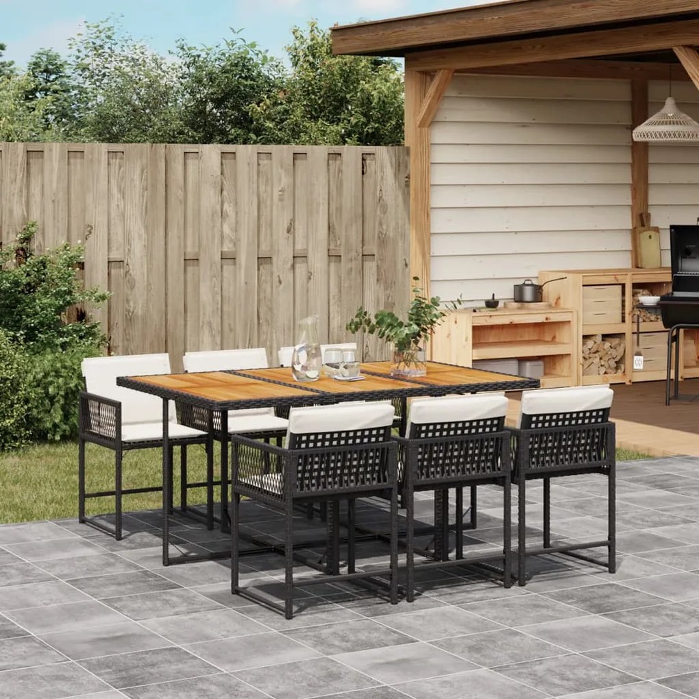 vidaXL 7 pcs conjunto de jantar p/ jardim c/ almofadões vime PE preto