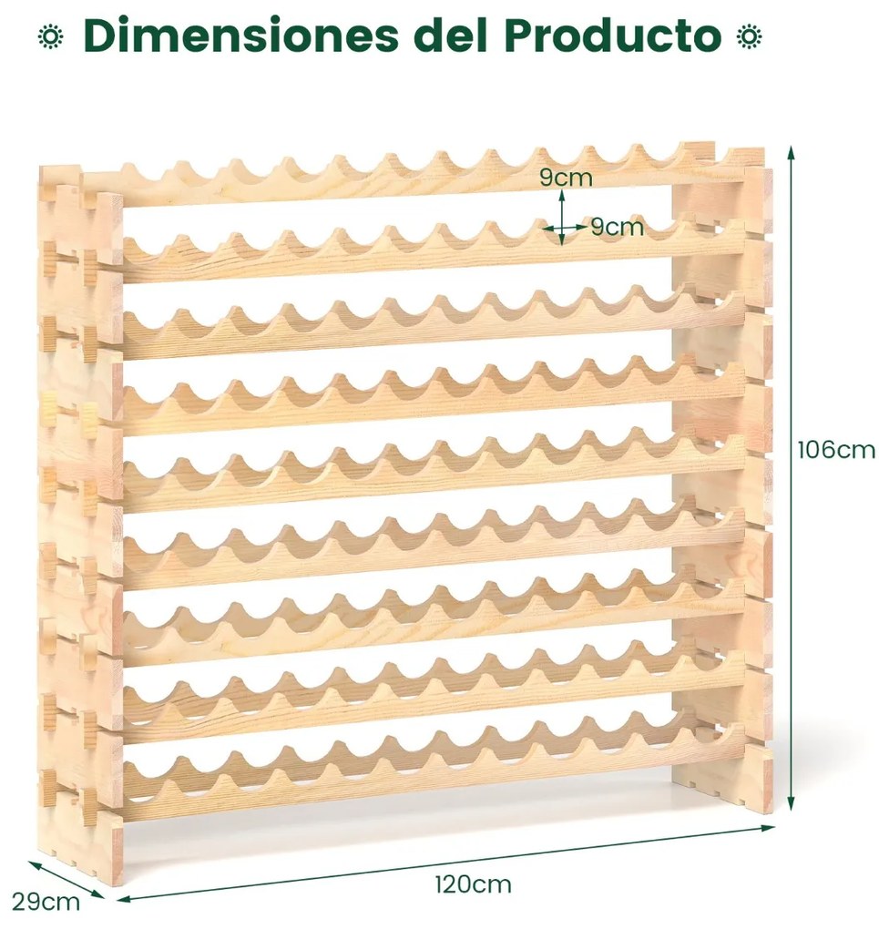Garrafeira modular empilhável para 108 garrafas de vinho de 9 níveis para adega de cozinha Wine Bar Natural