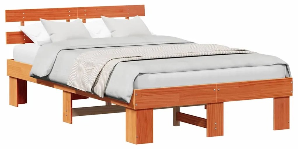 Estrado de Cama com Cabeceira Castanho Encerado 140x190 cm de Madeira