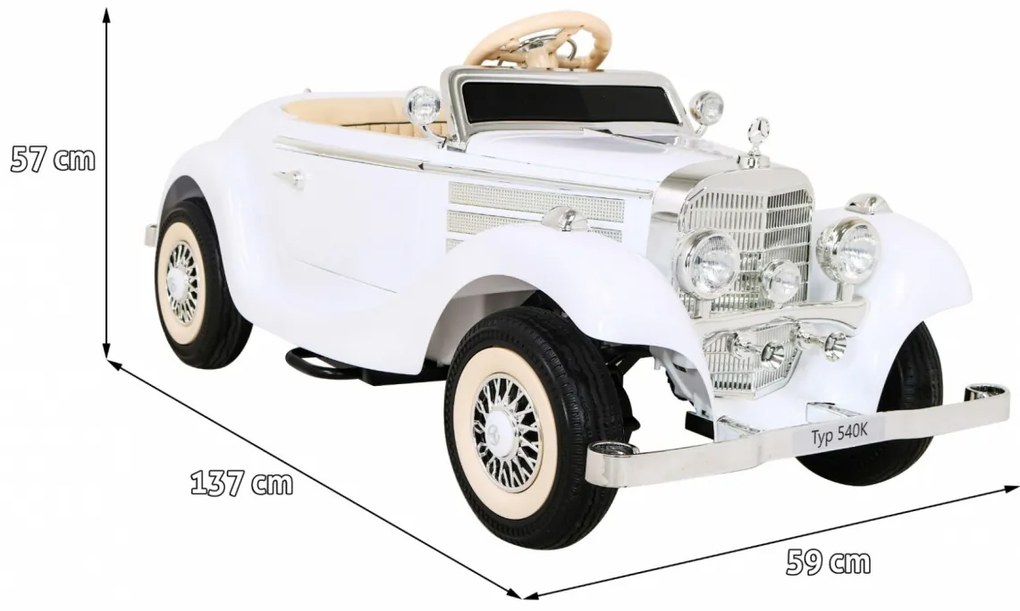 Carro elétrico para Crianças Mercedes Benz Retro Type 540A, 12V 4x4, Rodas Espuma EVA, Assento couro ecológico Branco