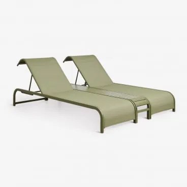 Conjunto De 2 Espreguiçadeiras Reclináveis E Mesa Auxiliar Em Aço Marietta Verde Azeitona Intenso - Sklum