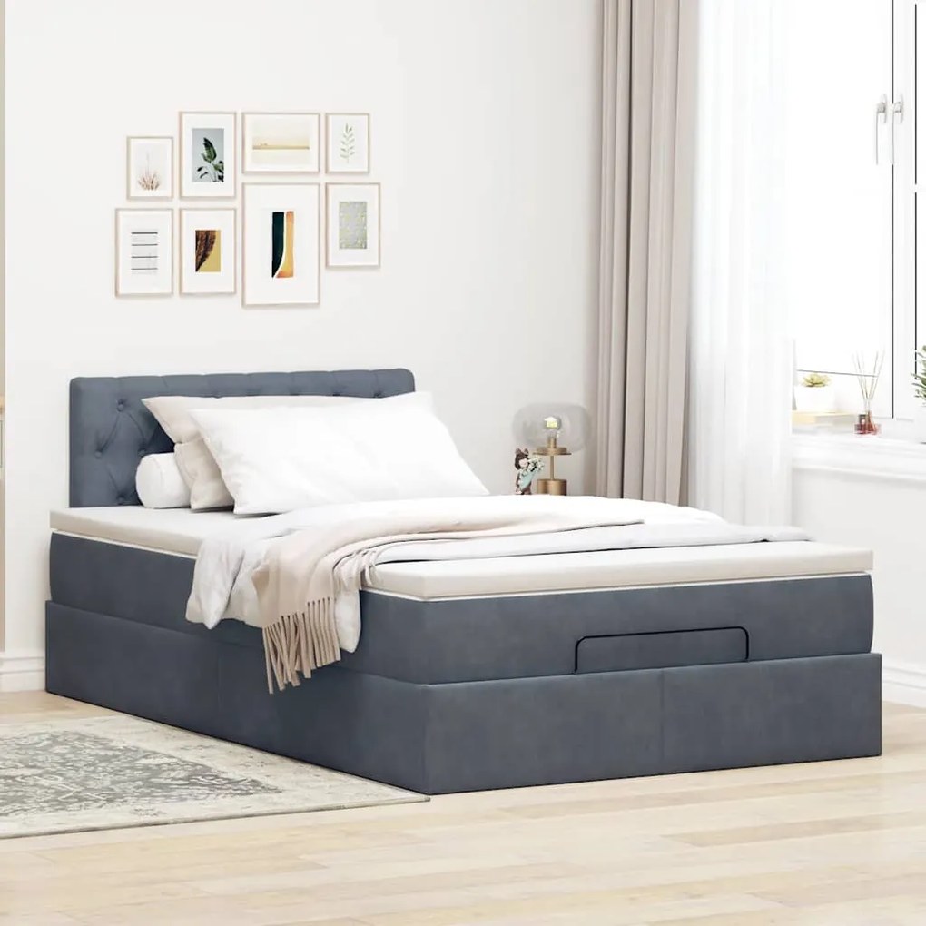 Estrutura de cama otomana com colchão cinza escuro veludo