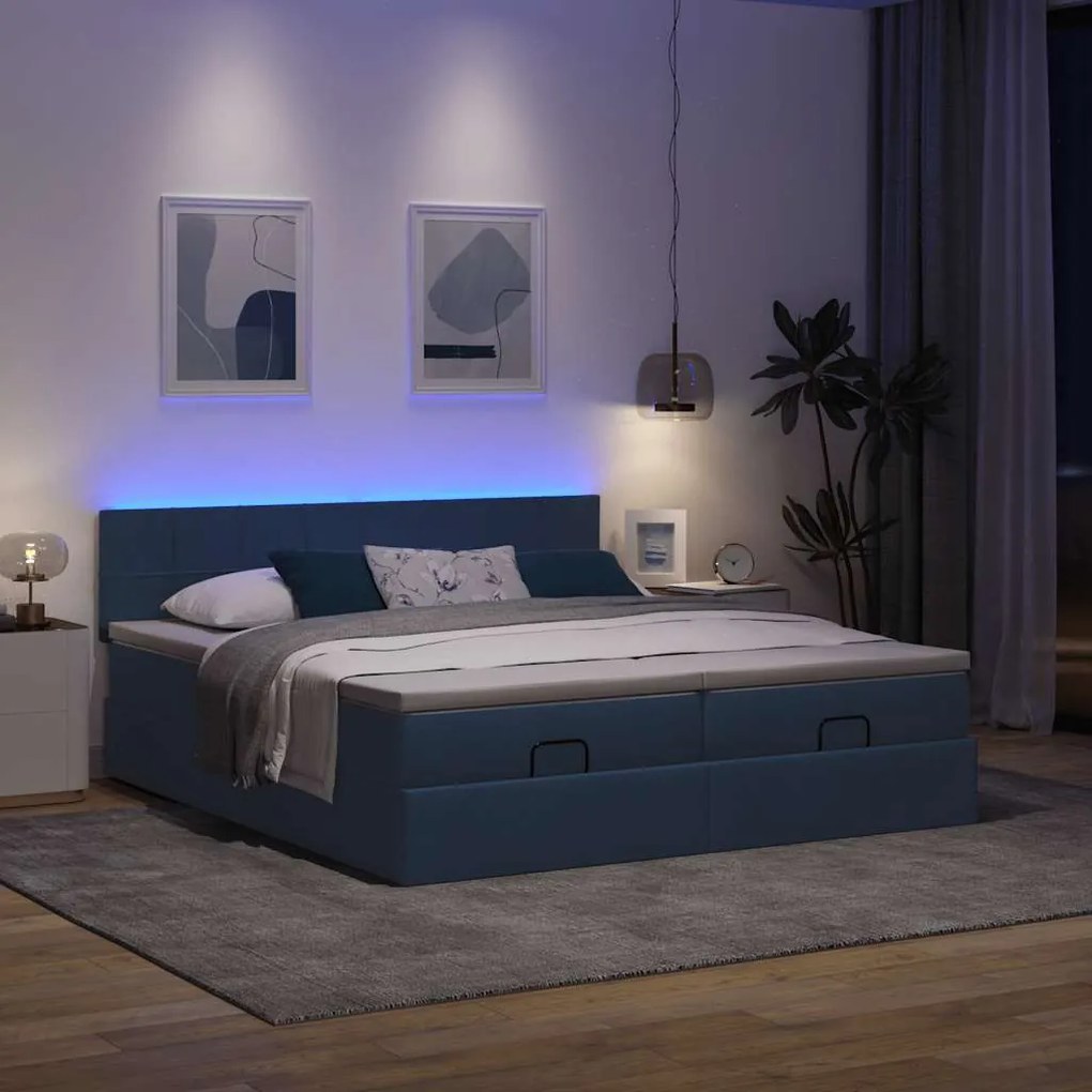 Estrutura de cama otomana com colchões 180x200cm tecido azul