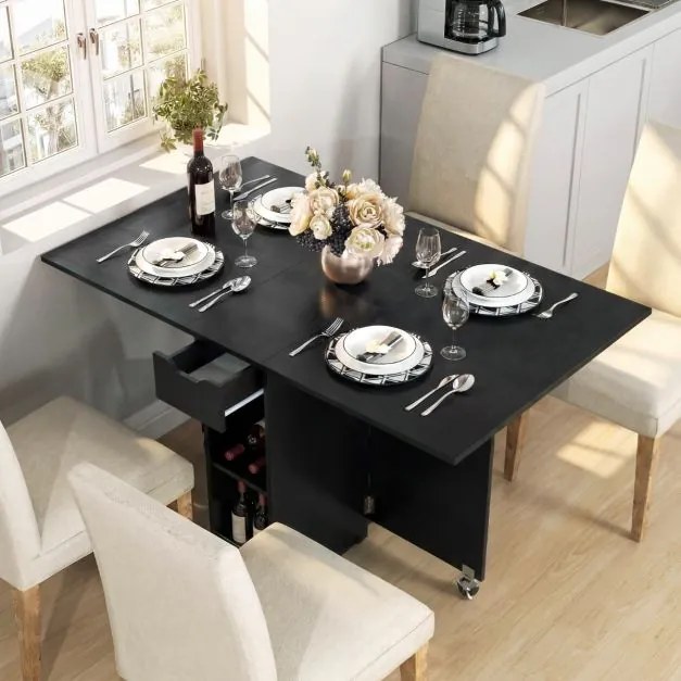 Mesa de jantar extensível 120 x 72 x 75 cm com 2 rodas; mesa de cozinha dobrável com prateleira, gaveta de 2 compartimentos e abas rebatíveis Preta