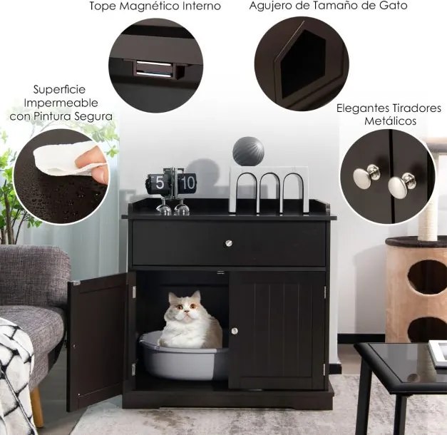 Movel para Caixa de areia para gatos (NÃO INCLUIDA) 76 x 53 x 74 cm com 2 portas Café