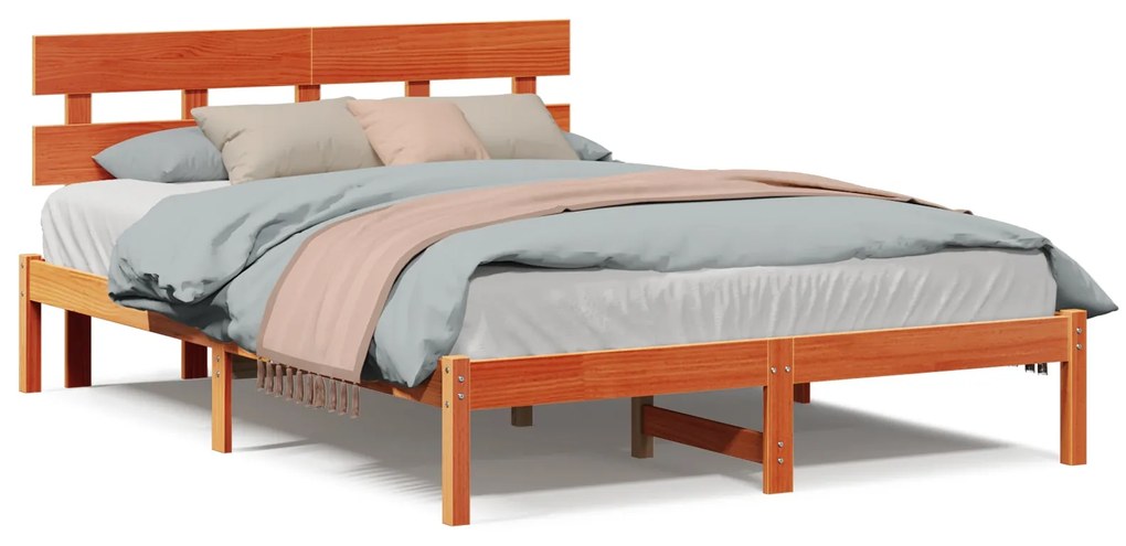 Estrado de Cama com Cabeceira Castanho Encerado 160x200 cm Madeira Sól