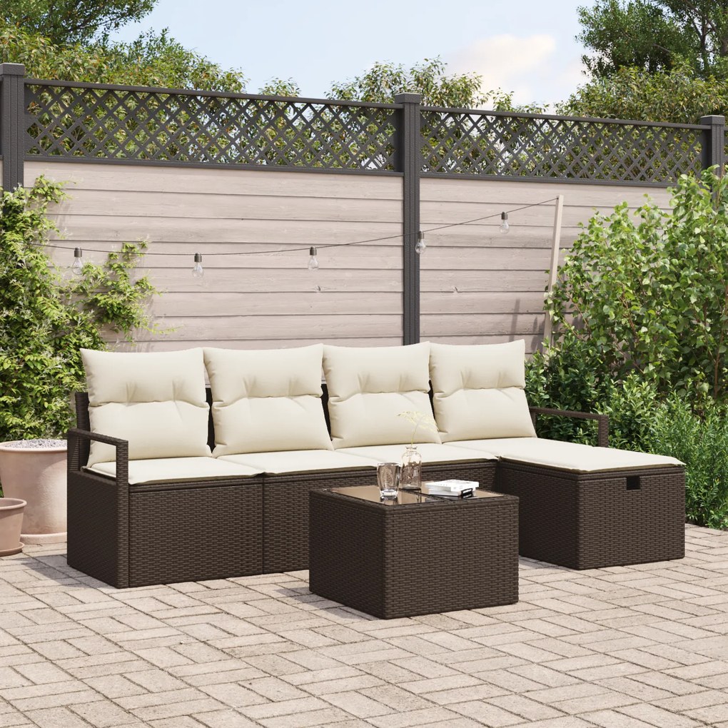 Conjunto de Sofá de Jardim de 6 Peças com Almofadas Castanho Rattan Po