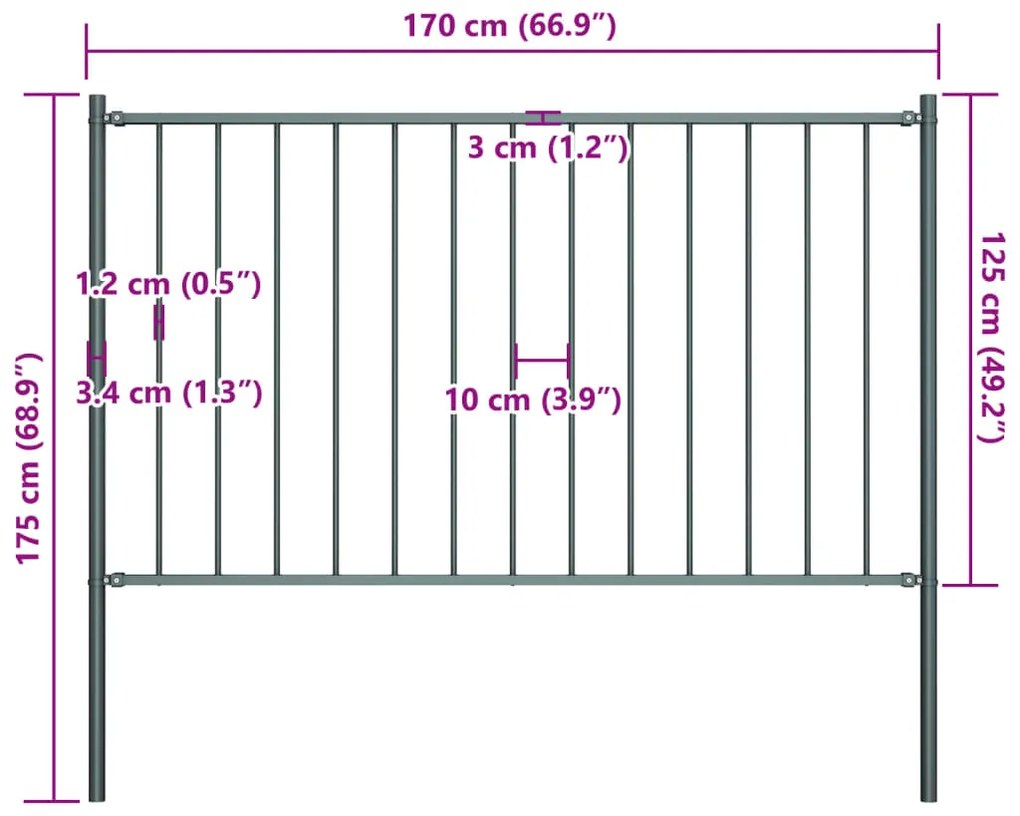 Painel vedação c/ postes aço revestido a pó 1,7x1,25m antracite