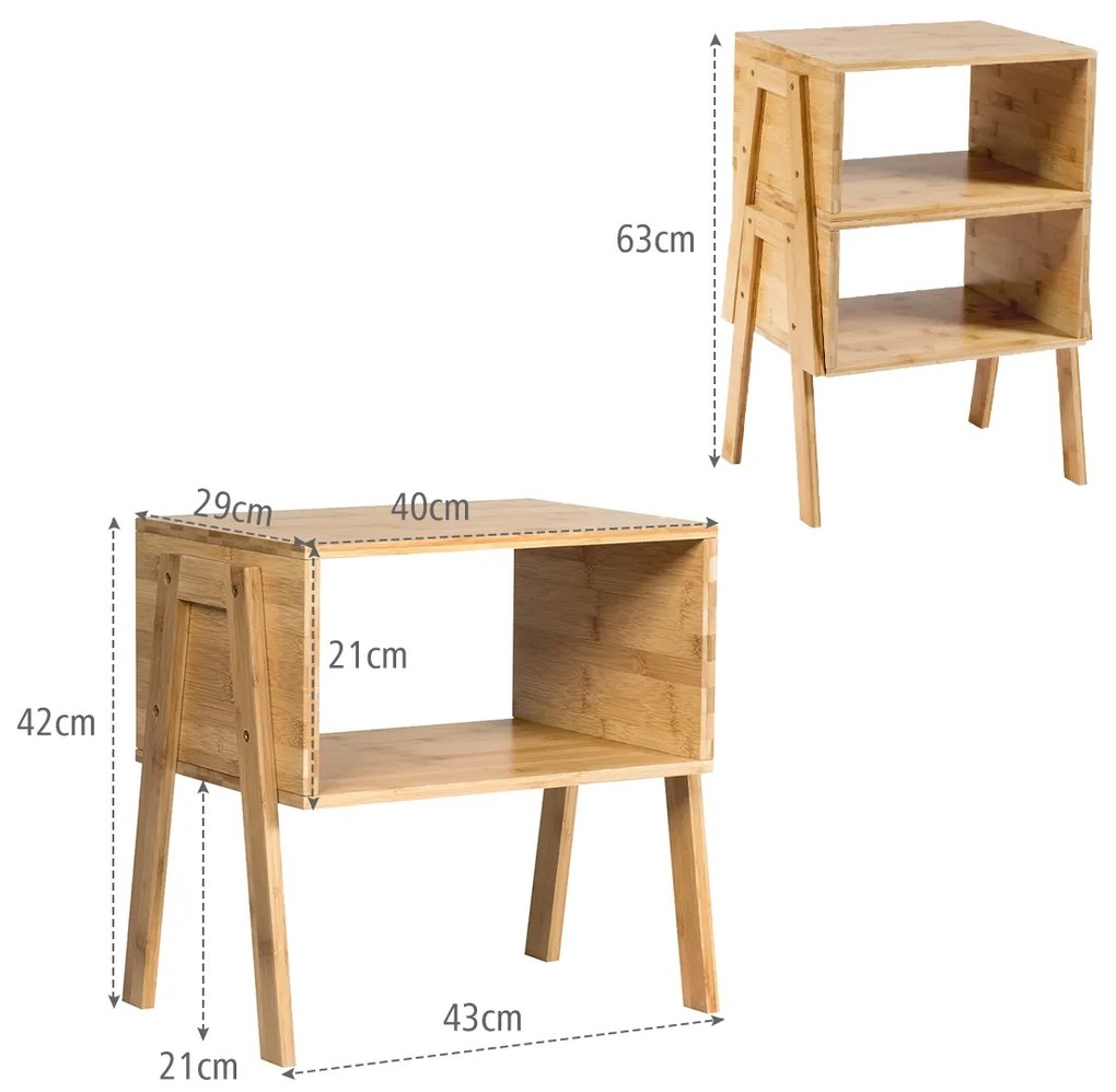 2 Mesas de café empilháveis com compartimento aberto para sala, quarto e pequenos espaços 43 x 29 x 42 cm  Bambu
