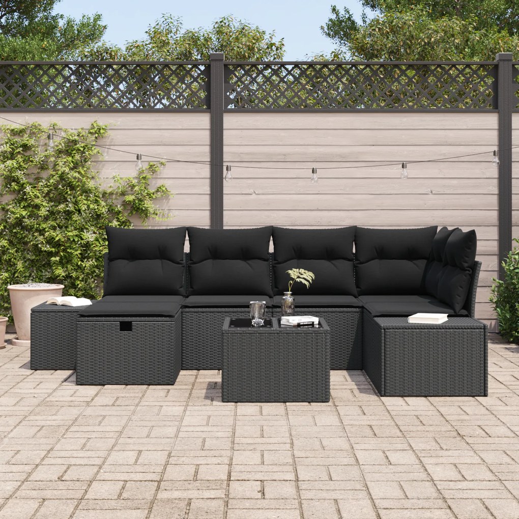 Conjunto de Sofá de Jardim de 7 Peças com Almofadas Preto Vime PE