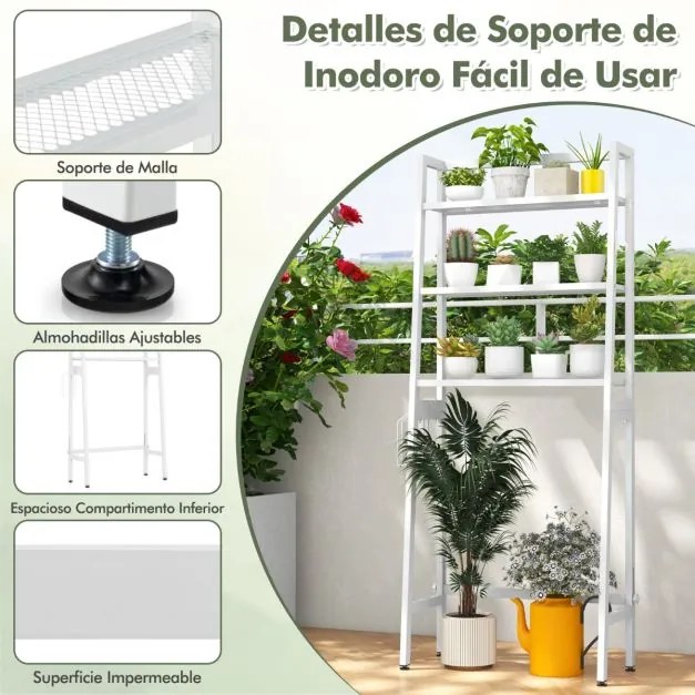 Estante de casa de banho sobre a sanita de 3 níveis com calha inferior ajustável Suporte para papel 2 ganchos laterais Branco