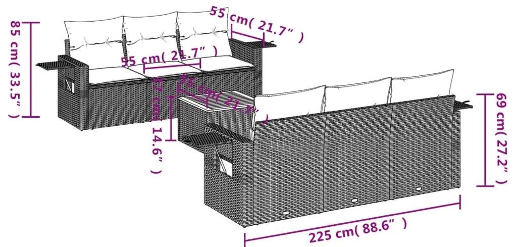 7 pcs conjunto de sofás p/ jardim c/ almofadões vime PE preto