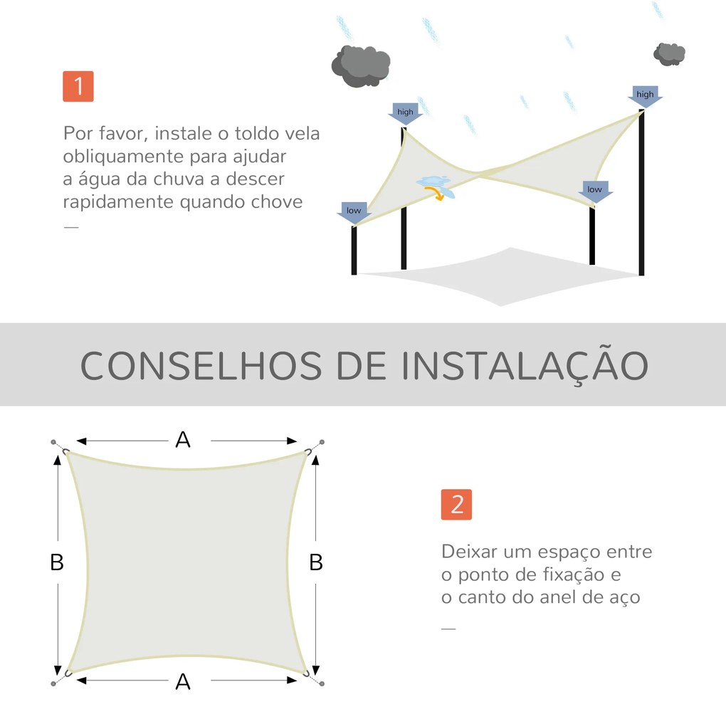 Vela de Sombra Retangular 4x6 m Toldo Vela de Poliéster com Proteção UV Aneis em Forma de D e Cordas para Jardim Pátio Piscina Creme