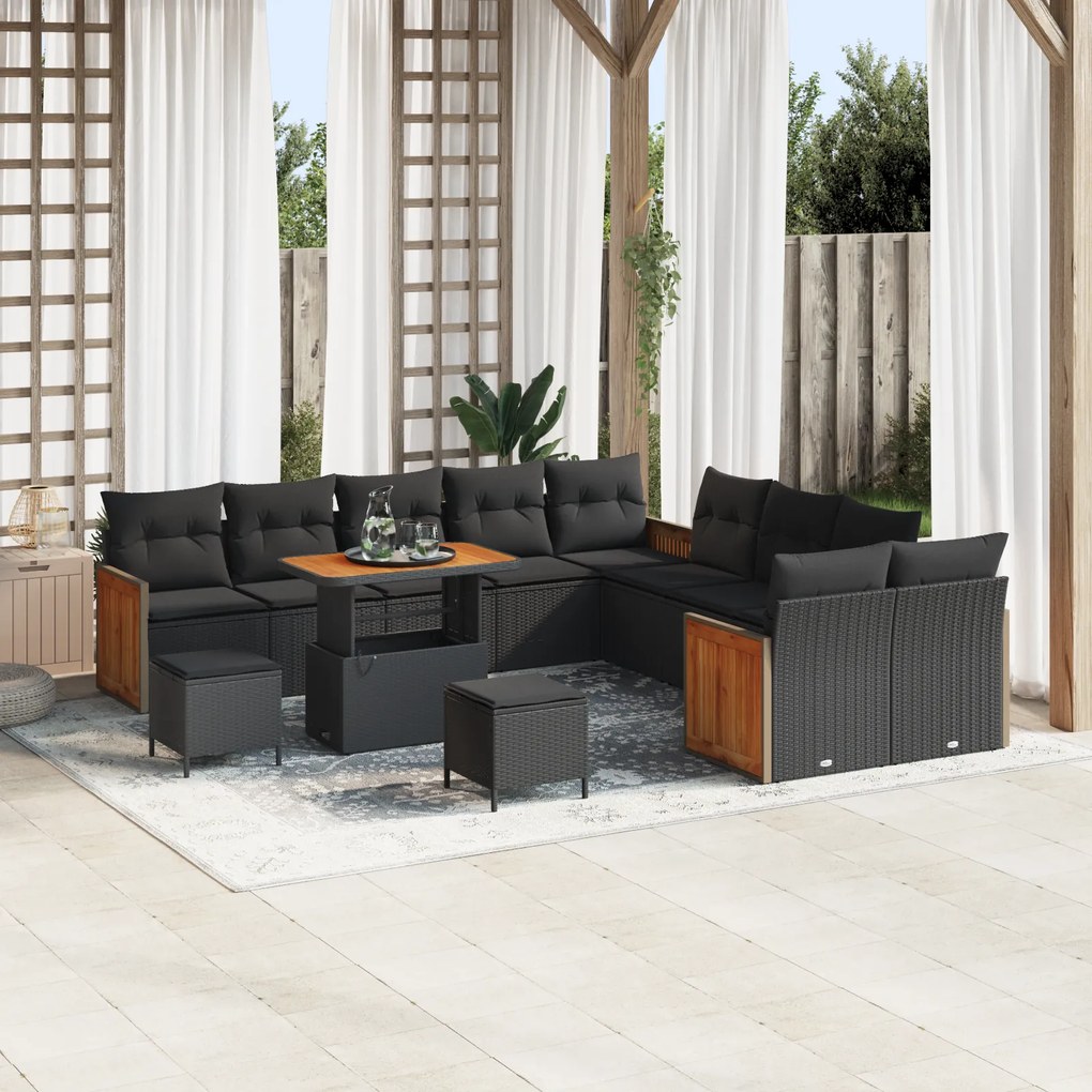Conjunto de Sofá de Jardim vidaXL de 13 Peças com Almofadas Preto Vime