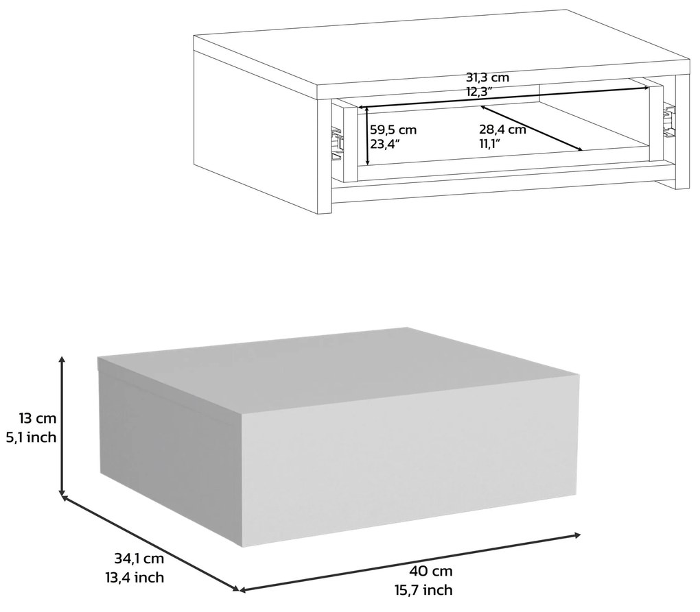 Mesa de cabeceira flutuante Milano em melamina com gaveta em calha metálica 13 x 40 x 34,1 cm, Branco