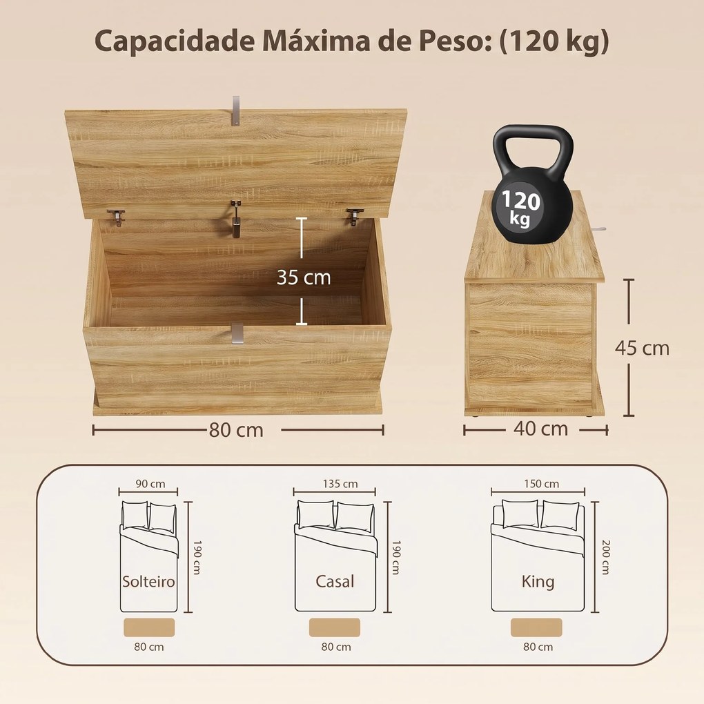 Baú de Arrumação 102 L com Dobradiça de Segurança Estilo Moderno para Corredor Quarto e Sala de Estar 80x40x45 cm Carvalho