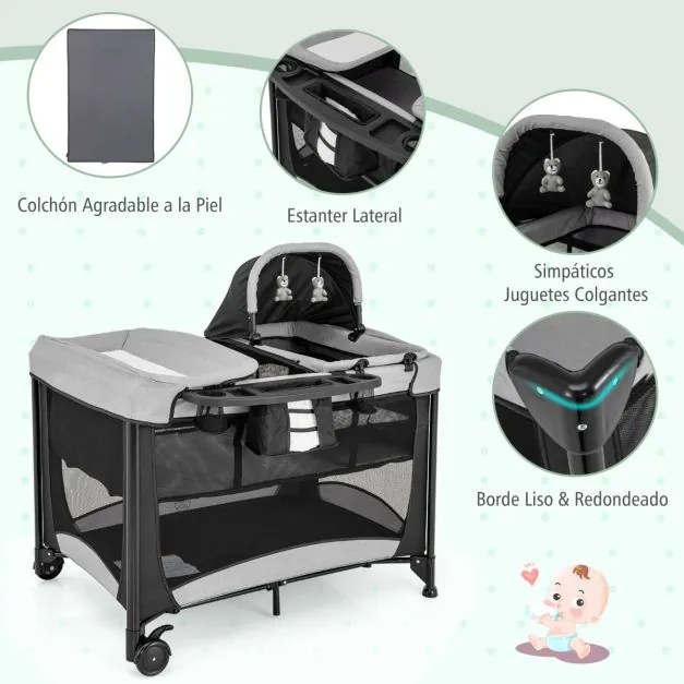 Centro de actividades para bebés 5 em 1 portátil com muda de fraldas Colchão amovível 2 rodas 110 x 78 x 84 cm Preto