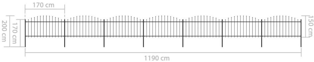 Cerca de jardim com topo em lanças (1,25-1,5)x11,9 m aço preto