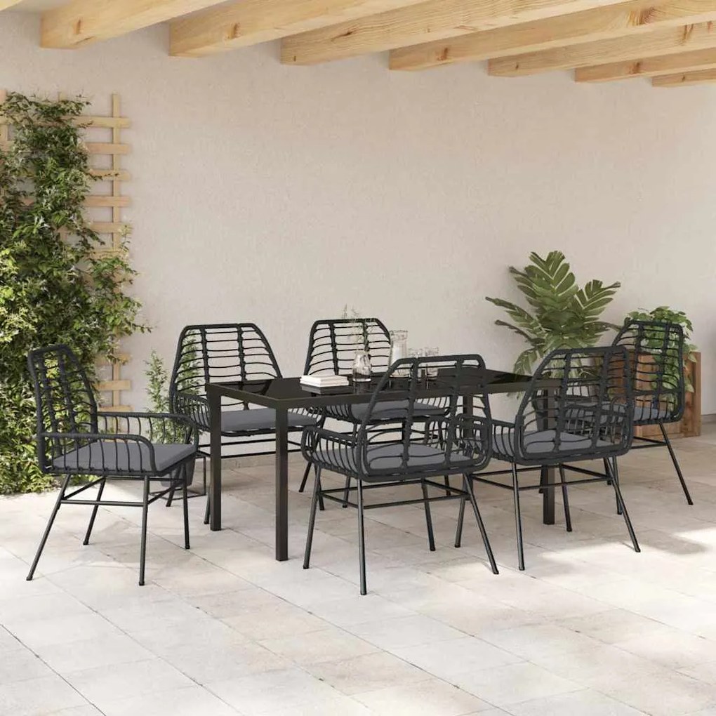 Conjunto de Jantar de Jardim com 7 Peças e Almofadas Preto em Poli Rat