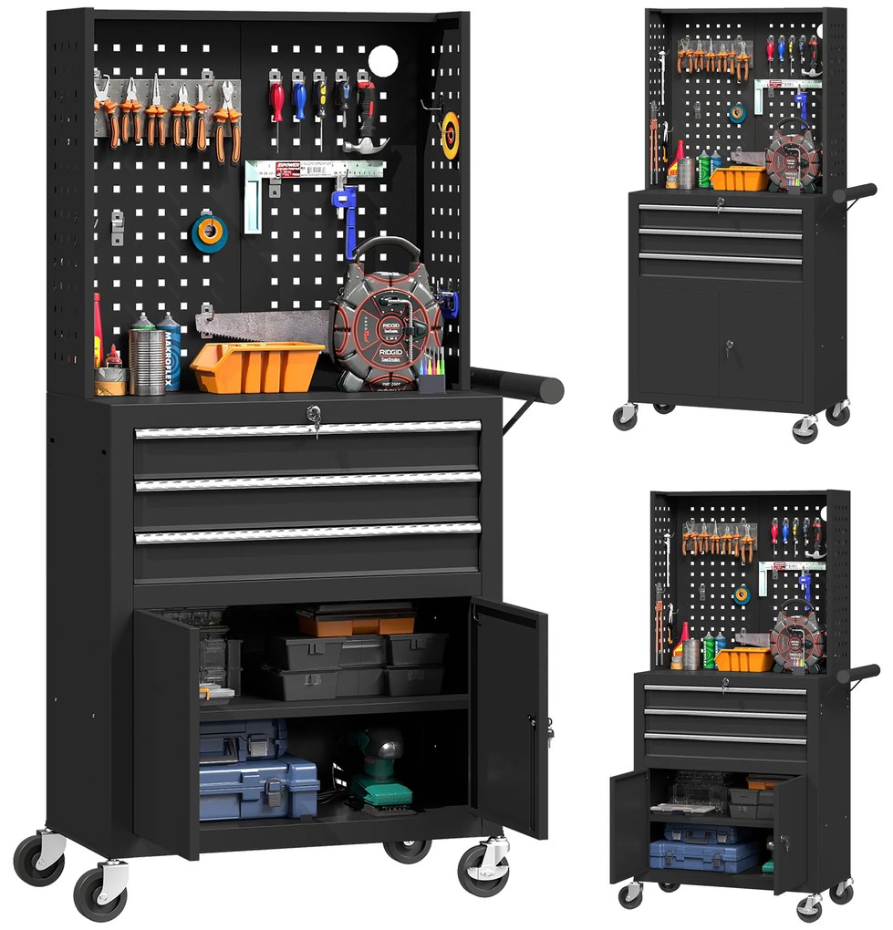 Carrinho de Ferramentas com 3 Gavetas e Painel de Perfurado Fechadura com Chave Prateleira Ajustável 2 Rodas com Travão de Bloqueio 69x33x133 cm Preto