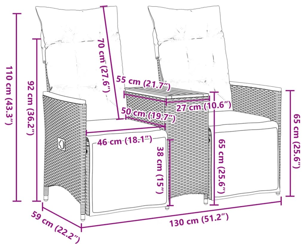 Sofá de jardim reclinável 2 lugares com mesa vime PE cinzento