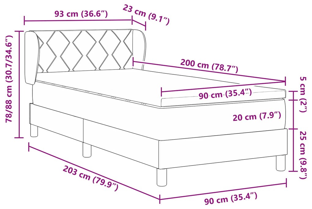 Cama Box Spring com Colchão VidaXL Cinza Escuro 90x200 cm em Veludo