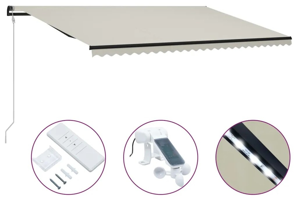 vidaXL Toldo retrátil c/ sensor vento e LED 600x300cm cor creme