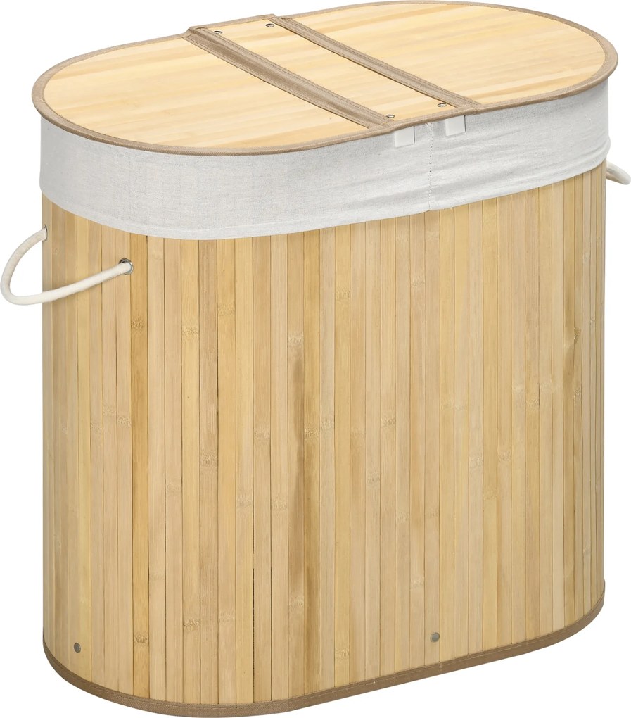 HOMCOM Cesto de Roupa Suja de Bambu 100L com 2 Compartimentos e Forro Removível 62,5x37x60,5 cm Madeira | Aosom Portugal