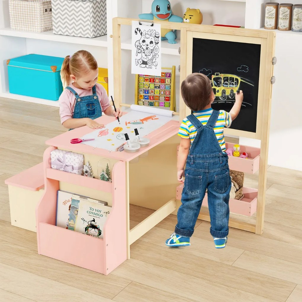 Conjunto de mesa e banco de arte para crianças com cavalete ajustável de dupla face, quadro magnético e rolo de papel Rosa