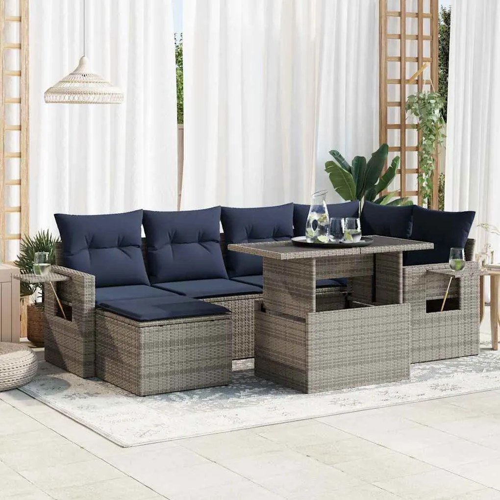7 pcs conjunto sofás jardim almofadões vime PE/acácia cinzento