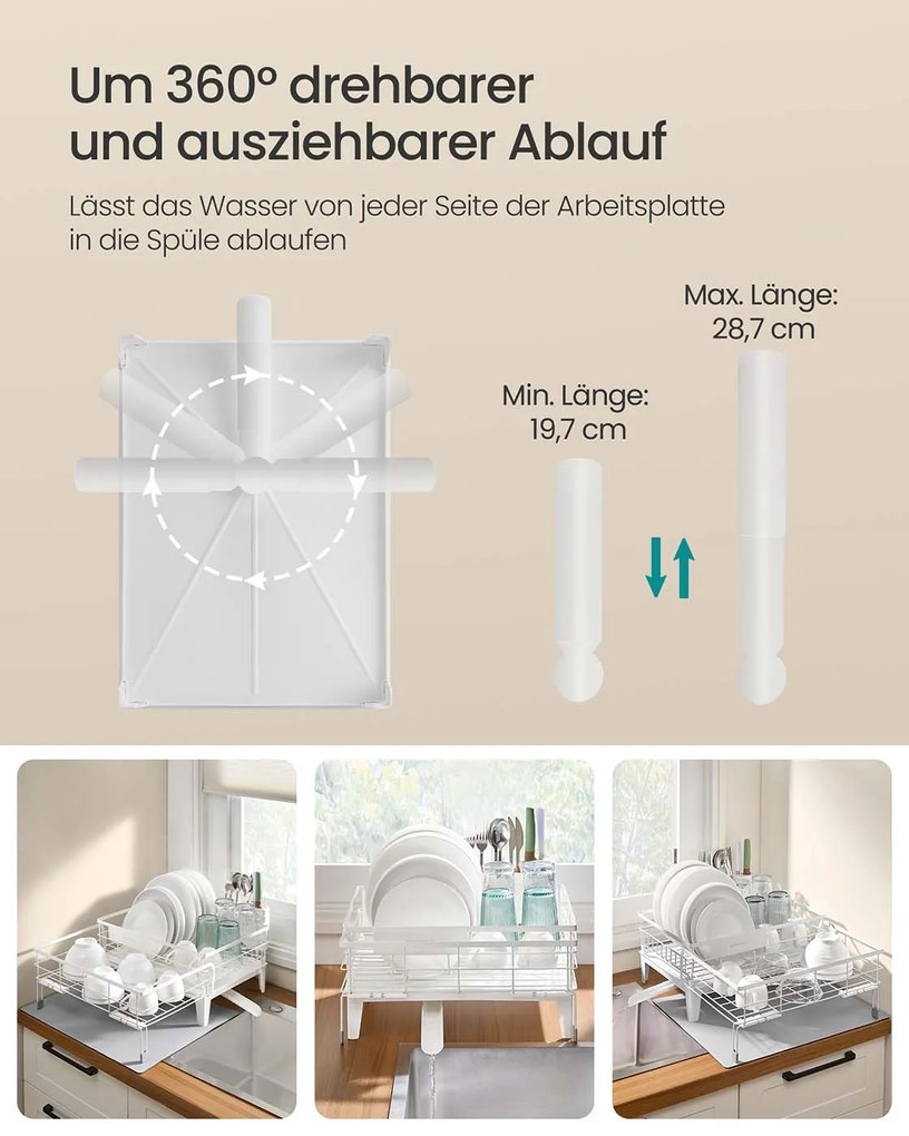 Escorredor de louça com tapete de silicone e ralo (31-56) x 42 x 20 cm branco + cinzento